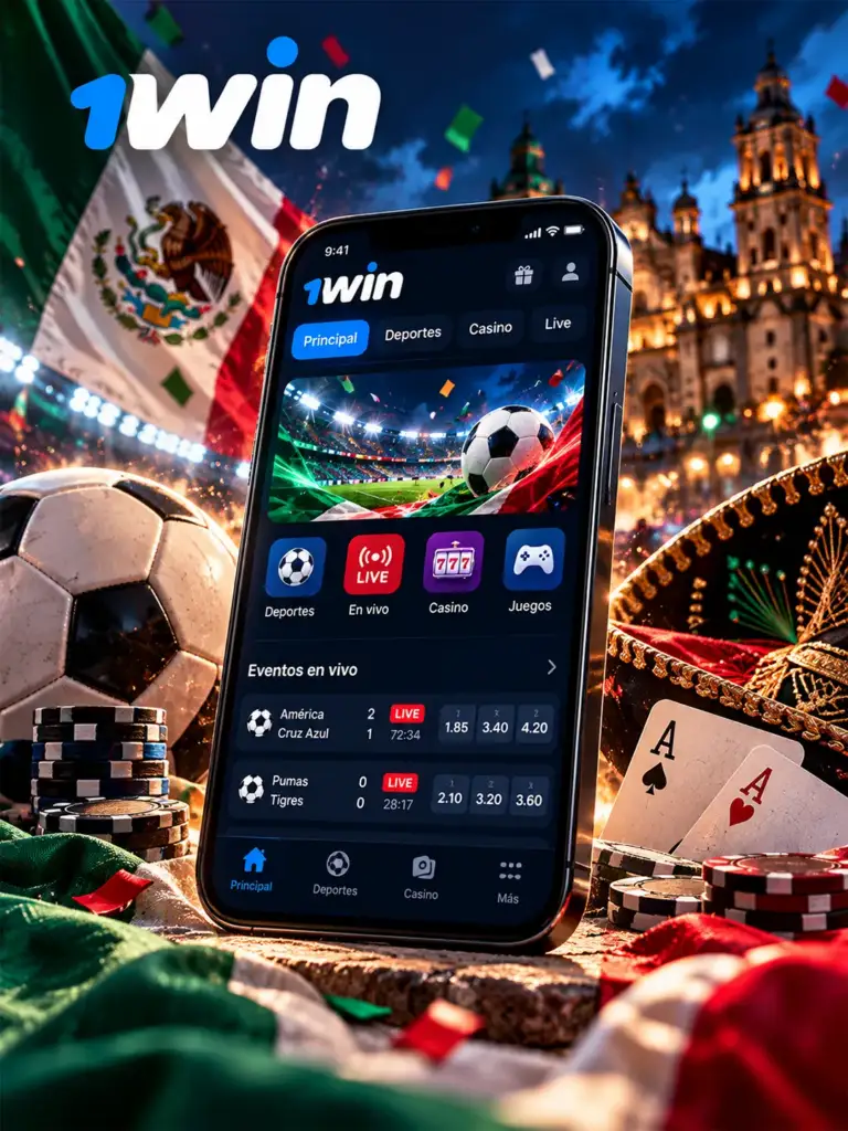 Ilustración de aplicación y acceso móvil de 1win para México
